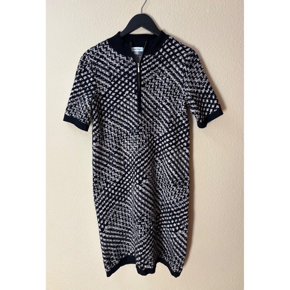 Calvin Klein Womens Black White Houndstooth Quarter Zip Sweater Dress Small‎